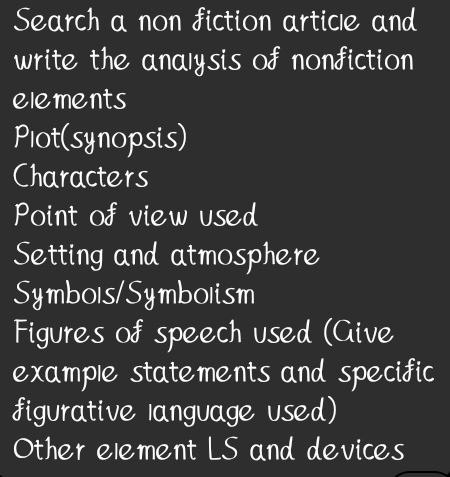 Search a non fiction article and 
write the analysis of nonfiction 
elements 
Plot(synopsis) 
Characters 
Point of view used 
Setting and atmosphere 
Symbols/Symbolism 
Figures of speech used (Give 
example statements and specific 
figurative language used) 
Other element LS and devices