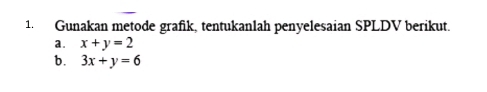 Gunakan metode grafik, tentukanlah penyelesaian SPLDV berikut.
a. x+y=2
b. 3x+y=6