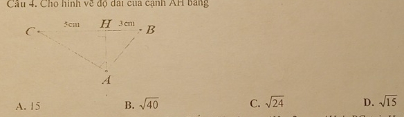 Cho hình về độ dài cua cạnh AH bang
A. 15 B. sqrt(40) C. sqrt(24) D. sqrt(15)