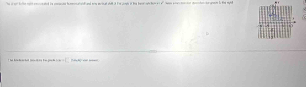 The gran to the right wa cnosted by seing one hormental shifl and one vertical shifl of thu graph of the bases futction . / a^2 White a function that descbes the graph to the right 
The lunction that iesontes the graph m f(x)=□ ( frgady your noswer)