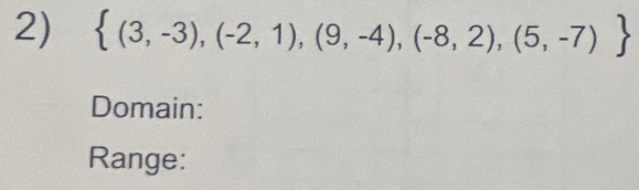  (3,-3),(-2,1),(9,-4),(-8,2),(5,-7)
Domain: 
Range: