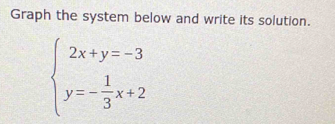 Graph the system below and write its solution.
beginarrayl 2x+y=-3 y=- 1/3 x+2endarray.