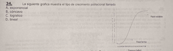 34, La siguiente gráfica muestra el tipo de crecimiento poblacional llamado
A. exponencial
B. cóncavo
C. logistico Fase establie
D. lineal
Fase lenta
1 1 4 %
3 14 15 10 17 14
Tismno (año)
