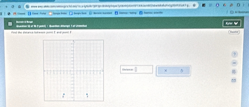 www-aw-.aleks.con/alekicgi/x/lsEexn/10.b-igNsir72P3j13D58dp54pe7y)(BA9Q43nt5P)](WJhwA(U0sdwbdfe65PvCg20VfCEz87g 
Chaval | Portor Rooge Sedes Osoga Óoca Revision Avcstan Deshé4 ]sandks 
Dumain & Bange 
Question 12 of 16 (1 pomt) + Question Altempt: 1 at Unrimited Kyler 
Find the distance between point E and point P
Distence ×
