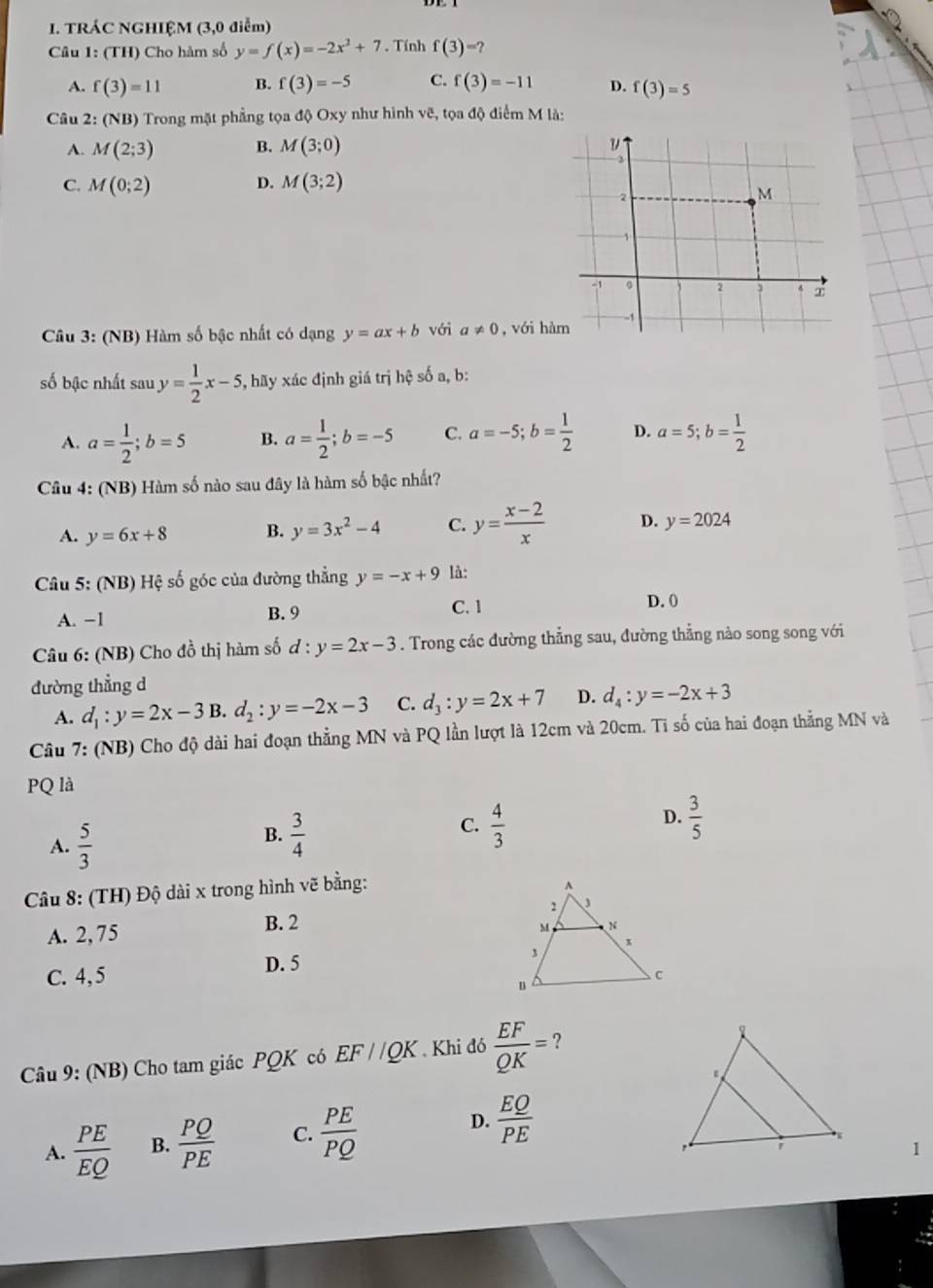 TRÁC NGHIỆM (3,0 điễm)
Câu 1: (TH) Cho hàm số y=f(x)=-2x^2+7 , Tính f(3)= ?
A. f(3)=11 B. f(3)=-5 C. f(3)=-11 D. f(3)=5
Câu 2: (NB) Trong mặt phẳng tọa độ Oxy như hình vẽ, tọa độ điểm M là:
A. M(2;3) B. M(3;0)
C. M(0;2) D. M(3;2)
Câu 3: (NB) Hàm số bậc nhất có dạng y=ax+b với a!= 0 , với hà
số bậc nhất sau y= 1/2 x-5 , hãy xác định giá trị hệ số a, b:
A. a= 1/2 ;b=5 B. a= 1/2 ;b=-5 C. a=-5;b= 1/2  D. a=5;b= 1/2 
Câu 4: (NB) Hàm số nào sau đây là hàm số bậc nhất?
A. y=6x+8 B. y=3x^2-4 C. y= (x-2)/x  D. y=2024
Câu 5: (NB) Hệ số góc của đường thẳng y=-x+9 là:
A. −1 B. 9 C. 1
D. 0
Câu 6: (NB) Cho đồ thị hàm số d:y=2x-3. Trong các đường thẳng sau, đường thẳng nào song song với
đường thẳng d
A. d_1:y=2x-3B. d_2:y=-2x-3 C. d_3:y=2x+7 D. d_4:y=-2x+3
Câu 7: (NB) Cho độ dài hai đoạn thẳng MN và PQ lần lượt là 12cm và 20cm. Tỉ số của hai đoạn thẳng MN và
PQ là
D.
A.  5/3 
B.  3/4   4/3   3/5 
C.
Câu 8: (TH) Độ dài x trong hình vẽ bằng:
A. 2, 75 B. 2
C. 4, 5 D. 5
Câu 9: (NB) Cho tam giác PQK có EF//QK Khi đó  EF/QK = ?
A.  PE/EQ  B.  PQ/PE  C.  PE/PQ  D.  EQ/PE 
1