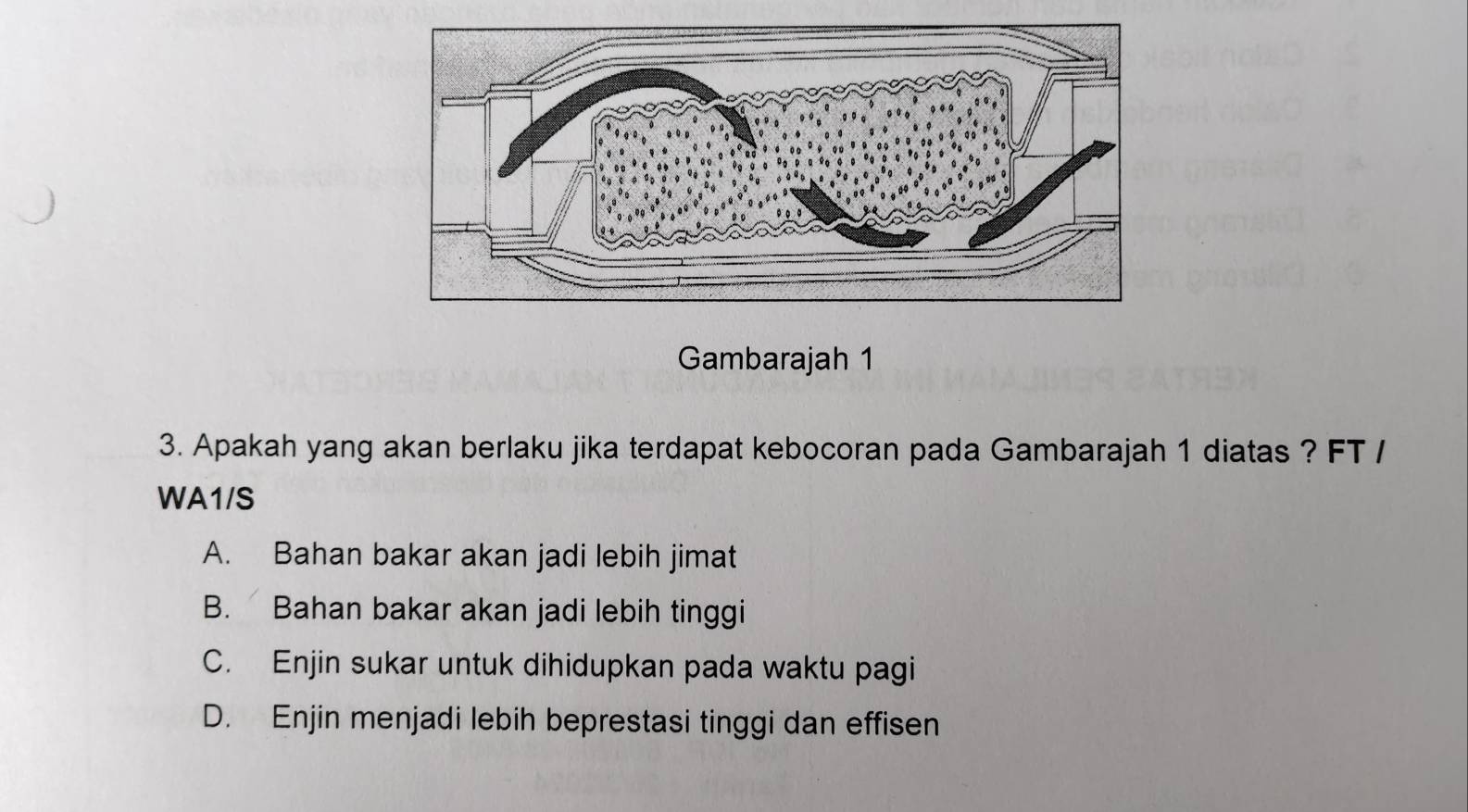 Gambarajah 1
3. Apakah yang akan berlaku jika terdapat kebocoran pada Gambarajah 1 diatas ? FT /
WA1/S
A. Bahan bakar akan jadi lebih jimat
B. Bahan bakar akan jadi lebih tinggi
C. Enjin sukar untuk dihidupkan pada waktu pagi
D. Enjin menjadi lebih beprestasi tinggi dan effisen