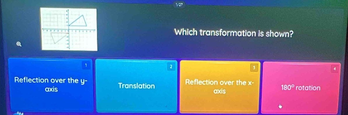 Which transformation is shown?
1
2
3
4
Reflection over the y - Translation Reflection over the x 180° rotation
axis axis