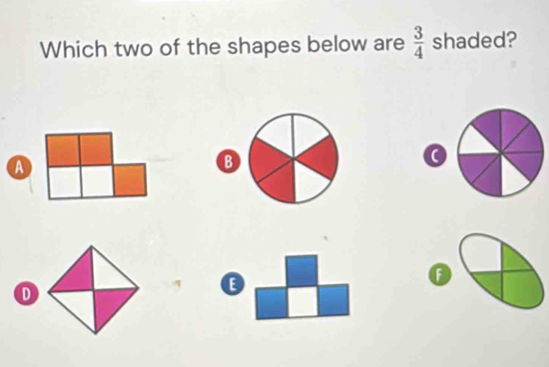 Which two of the shapes below are  3/4  shaded?
a
B
o
D
B
a