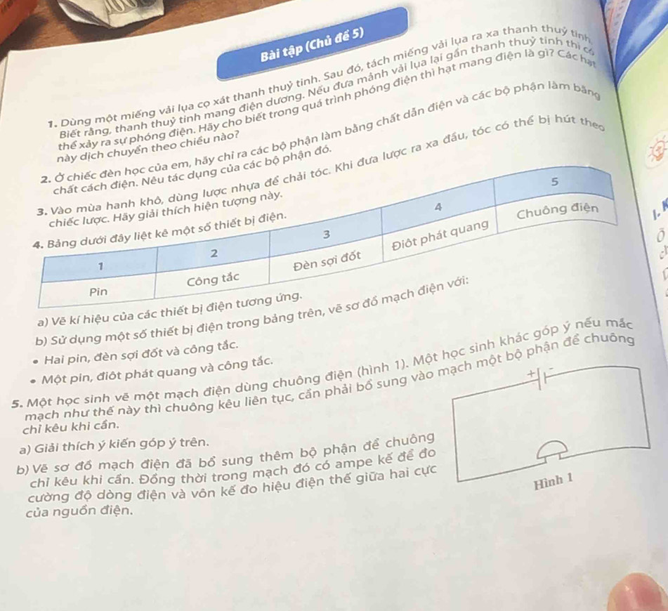 Bài tập (Chủ để 5) 
1. Dùng một miếng vải lụa cọ xát thanh thuỷ tinh. Sau đó, tách miếng vài lụa ra xa thanh thuý tinh 
Biết rằng, thanh thuý tinh mang điện dương. Nếu đưa mảnh vải lụa lại gần thanh thuỷ tinh thi c 
xhể xảy ra sự phóng điện. Hãy cho biết trong quá trình phóng điện thì hạt mang điện là gì? Các hạ 
ra các bộ phận làm bằng chất dẫn điện và các bộ phận làm bằng 
chuyển theo chiều nào? 
ợc ra xa đầu, tóc có thể bị hút theo 
n đó. 
1 
1 
. 
a) Vẽ kí hiệu của các 
b) Sử dụng một số thiết bị điện trong bảng trê 
Hai pin, đèn sợi đốt và công tắc. 
5. Một học sinh về một mạch điện dùng chuông điện (hình 1). Một học sinh khác góp ý nếu mắc 
Một pin, điôt phát quang và công tắc. 
mạch như thế này thì chuộng kêu liên tục, cần phải bổ sung vào mạch một bộ phận để chuông 
chỉ kêu khi cần. 
a) Giải thích ý kiến góp ý trên. 
b) Vẽ sơ đồ mạch điện đã bổ sung thêm bộ phận để chuông 
chỉ kêu khi cần. Đồng thời trong mạch đó có ampe kế để đo 
cường độ dòng điện và vôn kế đo hiệu điện thế giữa hai cực 
của nguồn điện.