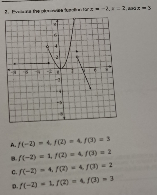 Evaluate the piecewise function for x=-2, x=2 , and x=3
A. f(-2)=4, f(2)=4, f(3)=3
B. f(-2)=1, f(2)=4, f(3)=2
C. f(-2)=4, f(2)=4, f(3)=2
D. f(-2)=1, f(2)=4, f(3)=3