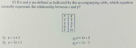 If x and y are defined as indicated by the accompanying table, which cquation
correctly represents the relationship between x and y?
1) y=x+2 y=2x+3
3)
2) y=2x+2 4) y=2x-3