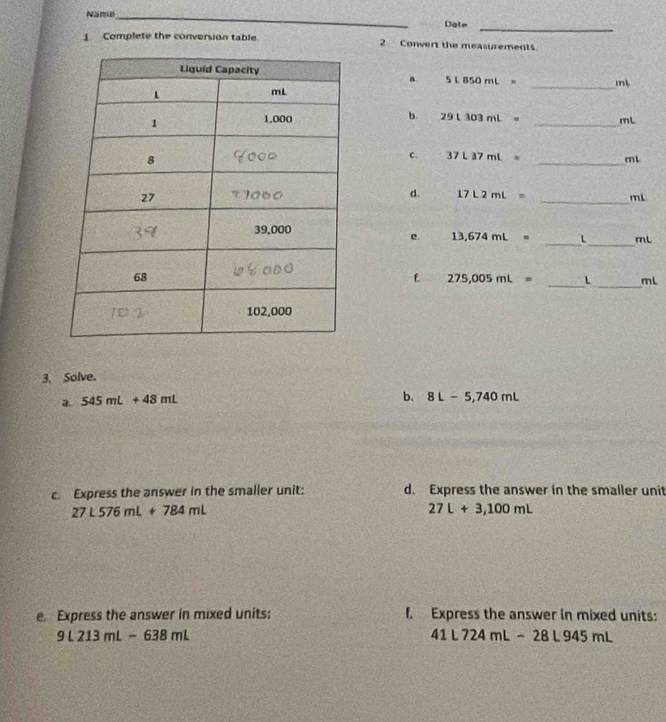 Name_ 
_ 
Date 
Complete the conversion table 2 Convert the measurements 
a 5L850mL=
_mt 
b.
29L303mL=
_ mL
C. 37L37mL= _ mt
d. 17L2mL= _ mL
e 13,674mL= _ L_  mL
_ 
f. 275,005mL= _ L mL
3. Solve. 
a. 545mL+48mL
b. 8L-5,740mL
c. Express the answer in the smaller unit: d. Express the answer in the smaller unit
27L576mL+784mL
27L+3,100mL
e Express the answer in mixed units: f. Express the answer in mixed units:
9L213mL-638mL
41L724mL-28L945mL