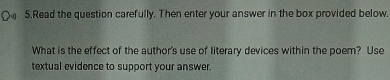 Read the question carefully. Then enter your answer in the box provided below. 
What is the effect of the author's use of literary devices within the poem? Use 
textual evidence to support your answer.