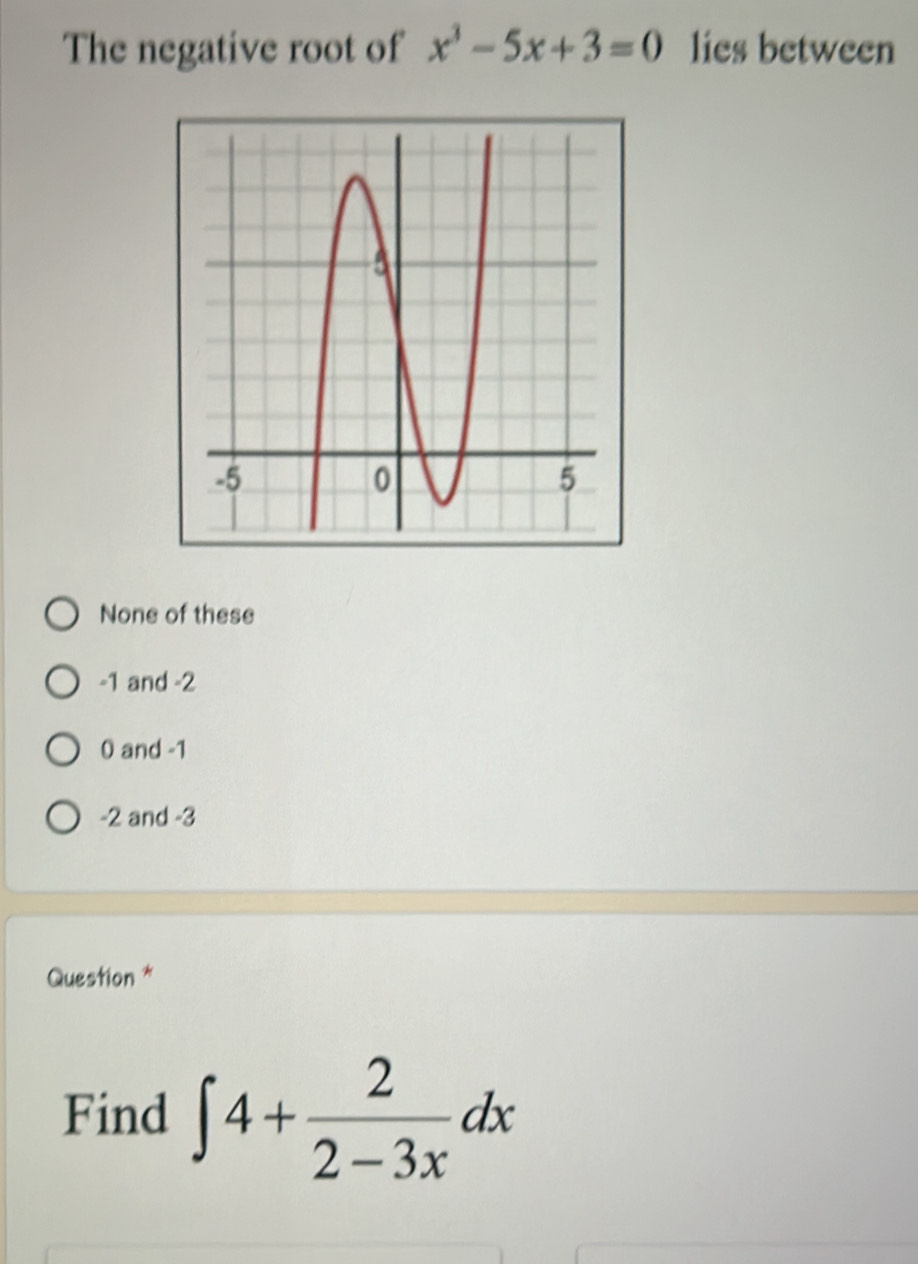 The negative root of x^3-5x+3=0 lies between
None of these
-1 and -2
0 and -1
-2 and -3
Question *
Find ∈t 4+ 2/2-3x dx