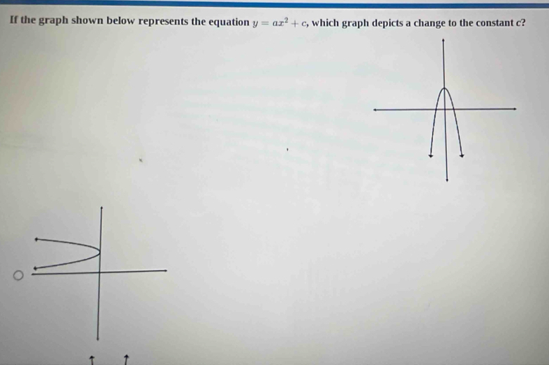 If the graph shown below represents the equation y=ax^2+c , which graph depicts a change to the constant c? 
↑