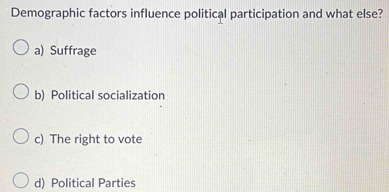 Demographic factors influence political participation and what else?
a) Suffrage
b) Political socialization
c) The right to vote
d) Political Parties