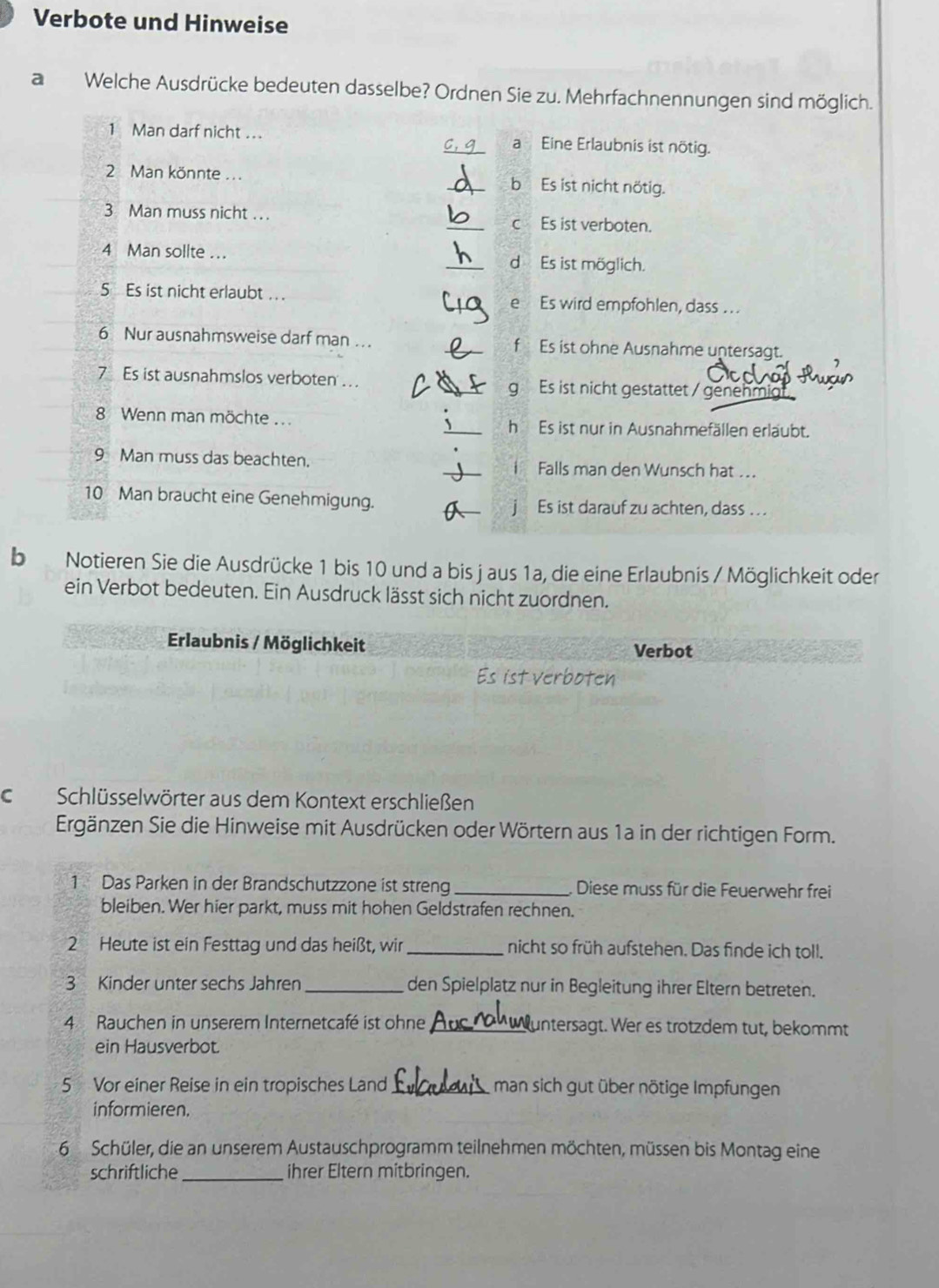 Verbote und Hinweise
a Welche Ausdrücke bedeuten dasselbe? Ordnen Sie zu. Mehrfachnennungen sind möglich.
1 Man darf nicht . _a Eine Erlaubnis ist nötig.
2 Man könnte ... _b Es ist nicht nötig.
3 Man muss nicht ... _Es ist verboten.
C
4 Man sollte . _d Es ist möglich.
5 Es ist nicht erlaubt ... e Es wird empfohlen, dass . .
6 Nur ausnahmsweise darf man ... f Es ist ohne Ausnahme untersagt.
7 Es ist ausnahmslos verboten ... Es ist nicht gestattet / genehmig
g
8 Wenn man möchte .. Es ist nur in Ausnahmefällen erläubt.
hé
9 Man muss das beachten. Falls man den Wunsch hat ...
10 Man braucht eine Genehmigung. Es ist darauf zu achten, dass ..
b Notieren Sie die Ausdrücke 1 bis 10 und a bis j aus 1a, die eine Erlaubnis / Möglichkeit oder
ein Verbot bedeuten. Ein Ausdruck lässt sich nicht zuordnen.
Erlaubnis / Möglichkeit Verbot
Es ist verboten
C Schlüsselwörter aus dem Kontext erschließen
Ergänzen Sie die Hinweise mit Ausdrücken oder Wörtern aus 1a in der richtigen Form.
1 Das Parken in der Brandschutzzone ist streng _Diese muss für die Feuerwehr frei
bleiben. Wer hier parkt, muss mit hohen Geldstrafen rechnen.
2 Heute ist ein Festtag und das heißt, wir _nicht so früh aufstehen. Das finde ich toll.
3 Kinder unter sechs Jahren _den Spielplatz nur in Begleitung ihrer Eltern betreten.
4 Rauchen in unserem Internetcafé ist ohne _untersagt. Wer es trotzdem tut, bekommt
ein Hausverbot.
5 Vor einer Reise in ein tropisches Land_ man sich gut über nötige Impfungen
informieren.
6 Schüler, die an unserem Austauschprogramm teilnehmen möchten, müssen bis Montag eine
schriftliche_ ihrer Eltern mitbringen.