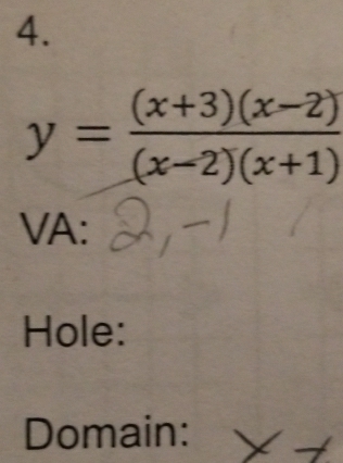 y= ((x+3)(x-2))/(x-2)(x+1) 
VA: 
Hole: 
Domain: