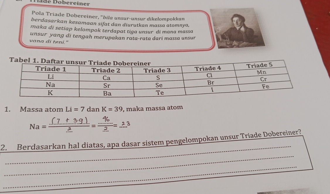 Däde Dobereiner 
Pola Triade Dobereiner, “bila unsur-unsur dikelompokkan 
berdasarkan kesamaan sifat dan diurutkan massa atomnya, 
maka di setiap kelompok terdapat tiga unsur di mana massa 
unsur yang di tengah merupakan rata-rata dari massa unsur 
vana di teni." 
1. Massa atom Li=7danK=39 , maka massa atom
Na = (.7...9). - -f= 23
_ 
2. Berdasarkan hal diatas, apa dasar sistem pengelompokan unsur Triade Dobereiner? 
_ 
_