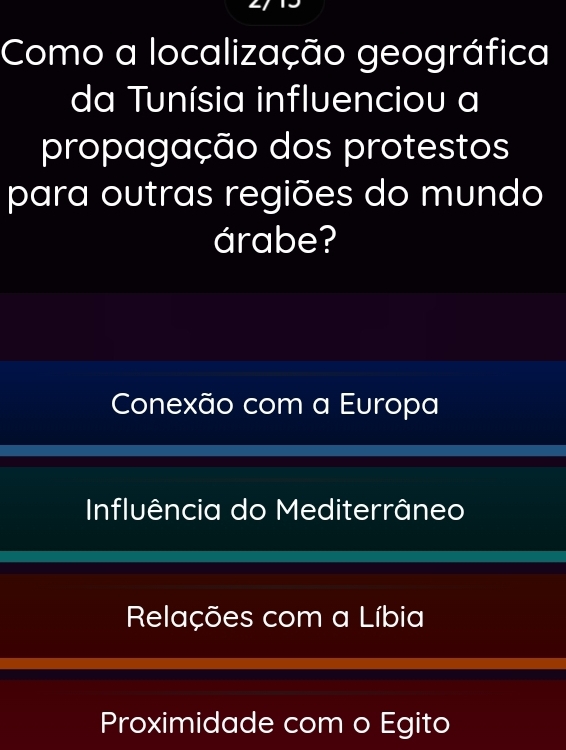 Como a localização geográfica
da Tunísia influenciou a
propagação dos protestos
para outras regiões do mundo
árabe?
Conexão com a Europa
Influência do Mediterrâneo
Relações com a Líbia
Proximidade com o Egito