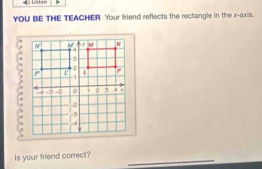 Listen
YOU BE THE TEACHER Your friend reflects the rectangle in the x-axis.
_
Is your friend correct?