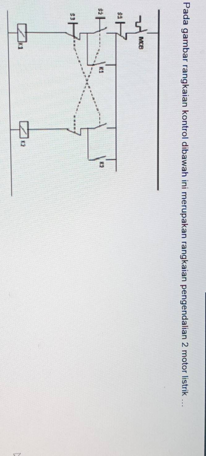 Pada gambar rangkaian kontrol dibawah ini merupakan rangkaian pengendalian 2 motor listrik ... 
$