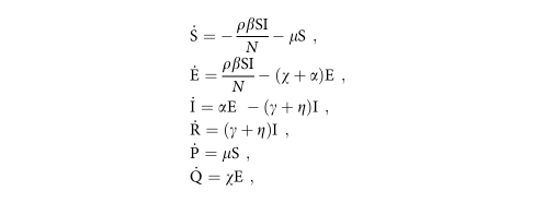 dot S=- rho beta SI/N -mu S,
dot E= rho beta SI/N -(chi +alpha )E,
vector I=alpha E-(gamma +eta )I,
dot R=(gamma +eta )I,
dot P=mu S,
dot Q=chi E,