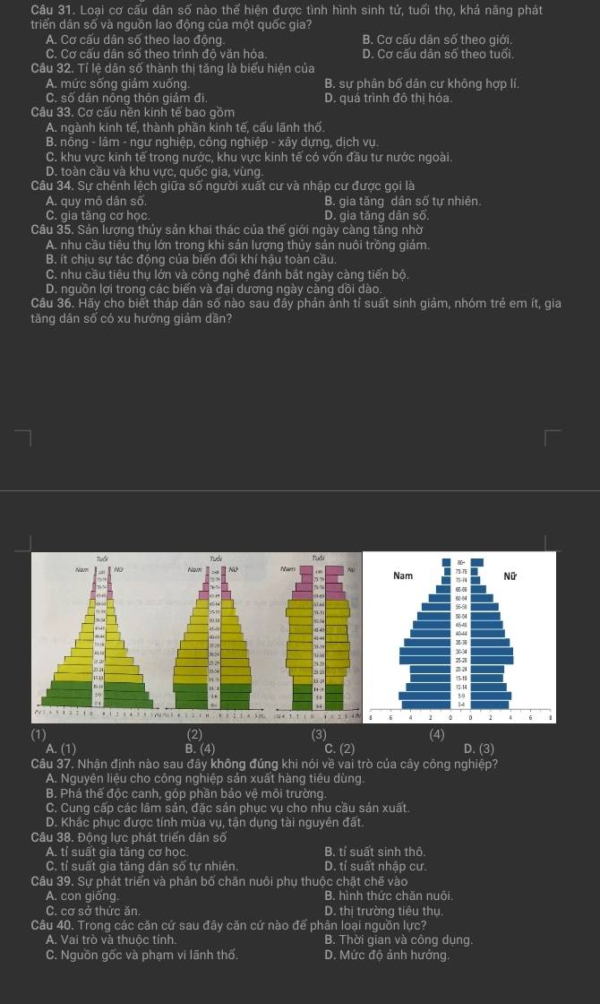 Loại cơ cấu dân số nào thể hiện được tình hình sinh tử, tuổi thọ, khả năng phát
triển dân số và nguồn lao động của một quốc gia?
A. Cơ cấu dân số theo lao động B. Cơ cấu dân số theo giới.
C. Cơ cấu dân số theo trình độ văn hóa. D. Cơ cấu dân số theo tuổi
Câu 32. Tỉ lệ dân số thành thị tăng là biểu hiện của
A. mức sống giảm xuống. B. sự phân bố dân cư không hợp lí.
C. số dân nông thôn giảm đi D. quá trình đô thị hóa.
Câu 33. Cơ cấu nền kinh tế bao gồm
A. ngành kinh tế, thành phần kinh tế, cấu lãnh thổ.
B. nông - lâm - ngư nghiệp, công nghiệp - xây dựng, dịch vụ.
C. khu vực kinh tế trong nước, khu vực kinh tế có vốn đầu tư nước ngoài.
D. toàn cầu và khu vực, quốc gia, vùng
Câu 34. Sự chênh lệch giữa số người xuất cư và nhập cư được gọi là
A. quy mô dân số, B. qia tăng dân số tư nhiên.
C. gia tăng cơ học D. gia tăng dân số.
Câu 35. Sản lượng thủy sản khai thác của thế giới ngày càng tăng nhờ
A. nhu cầu tiêu thụ lớn trong khi sản lượng thủy sản nuôi trồng giám.
B. ít chiu sự tác động của biến đổi khí hậu toàn cầu
C. nhu cầu tiêu thụ lớn và công nghệ đánh bắt ngày càng tiến bộ.
D. nguồn lợi trong các biển và đại dương ngày càng dồi dào.
Câu 36. Hãy cho biết tháp dân số nào sau đầy phản ánh tỉ suất sinh giảm, nhóm trẻ em ít, gia
tăng dân số có xu hướng giảm dân?
Tan Tướv 
~ Nam   Nữ
(1) (3) (4)
A. (1) B C. (2) D. (3)
Câu 37. Nhận định nào sau đây không đúng khi nói về vai trò của cây công nghiệp?
A. Nguyên liệu cho công nghiệp sản xuất hàng tiêu dùng
B. Phá thế độc canh, góp phần bảo vệ môi trường.
C. Cung cấp các lâm sản, đặc sản phục vụ cho nhu cầu sản xuất
D. Khắc phục được tính mùa vụ, tận dụng tài nguyên đất
Câu 38. Động lực phát triển dân số
A. tỉ suất gia tăng cơ học.  B. tỉ suất sinh thô
C. tỉ suất gia tăng dân số tự nhiên. D. tỉ suất nhập cư
Câu 39. Sự phát triển và phân bố chăn nuôi phụ thuộc chặt chế vào
A. con giống B. hình thức chăn nuôi.
C. cơ sở thức ăn. D. thị trường tiêu thu.
Câu 40. Trong các căn cứ sau đây căn cứ nào để phân loại nguồn lực?
A. Vai trò và thuộc tính. B. Thời gian và công dụng
C. Nguồn gốc và phạm vi lãnh thổ. D. Mức độ ánh hưởng.