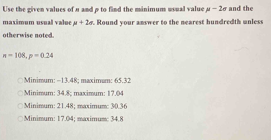 Use the given values of n and p to find the minimum usual value mu ...