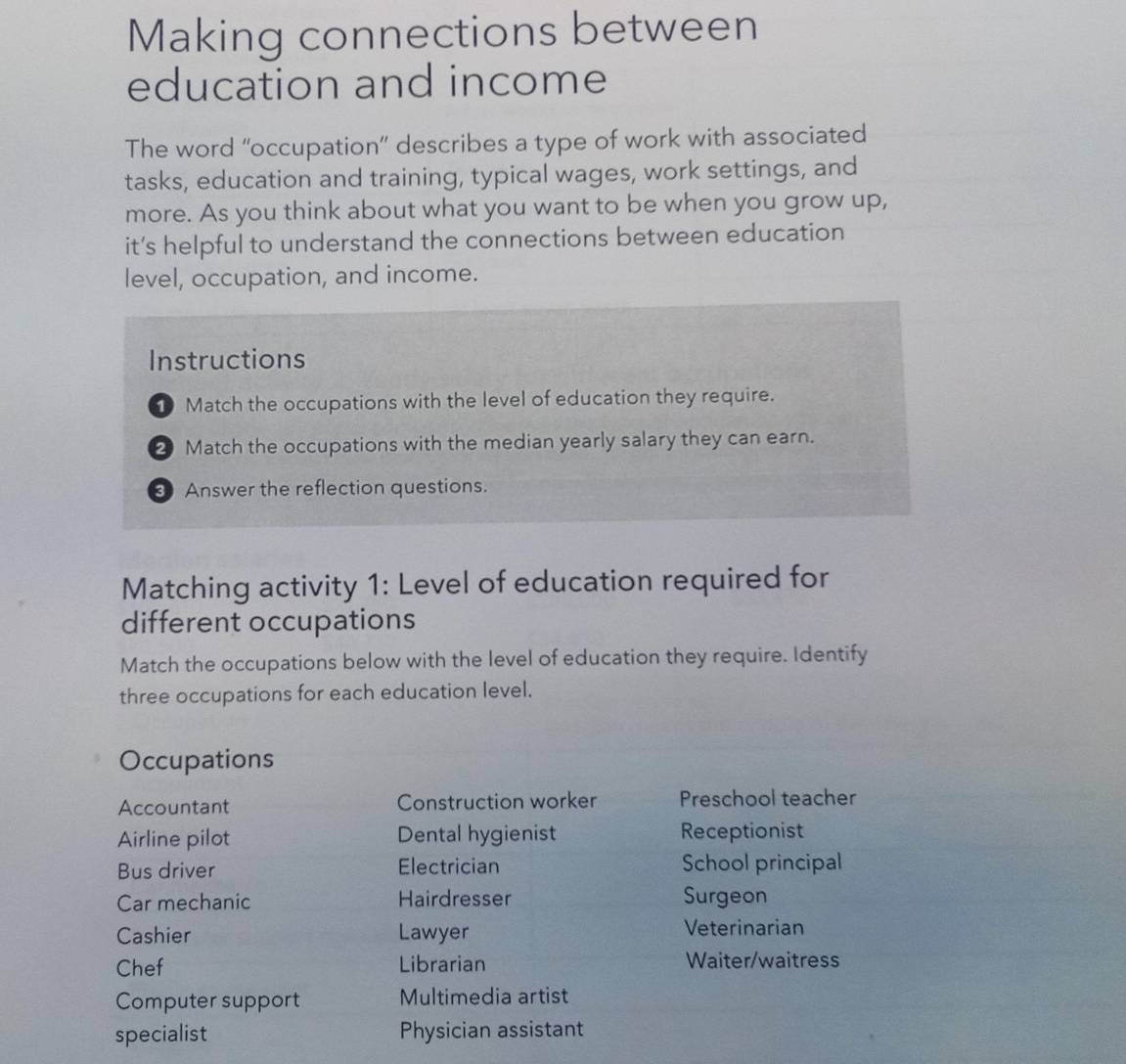 Making connections between 
education and income 
The word ''occupation'' describes a type of work with associated 
tasks, education and training, typical wages, work settings, and 
more. As you think about what you want to be when you grow up, 
it’s helpful to understand the connections between education 
level, occupation, and income. 
Instructions 
Match the occupations with the level of education they require. 
2 Match the occupations with the median yearly salary they can earn. 
3 Answer the reflection questions. 
Matching activity 1: Level of education required for 
different occupations 
Match the occupations below with the level of education they require. Identify 
three occupations for each education level. 
Occupations 
Accountant Construction worker Preschool teacher 
Airline pilot Dental hygienist Receptionist 
Bus driver Electrician School principal 
Car mechanic Hairdresser Surgeon 
Cashier Lawyer Veterinarian 
Chef Librarian Waiter/waitress 
Computer support Multimedia artist 
specialist Physician assistant