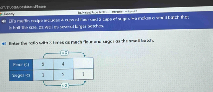 com/student/dashboard/home 
@ i-Ready Equivalent Ratio Tables — Instruction — Level F 
Eli's muffin recipe includes 4 cups of flour and 2 cups of sugar. He makes a small batch that 
is half the size, as well as several larger batches. 
€ Enter the ratio with 3 times as much flour and sugar as the small batch.
* 3
* 3