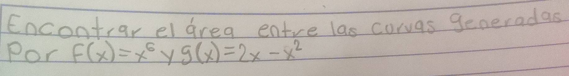 Encontrar elarea entre las corvas generadas
Por F(x)=x^6 y g(x)=2x-x^2