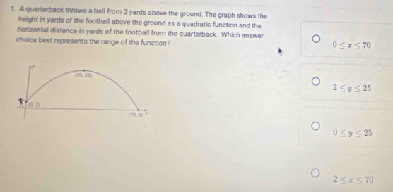 A quarterback throws a ball from 2 yards above the ground. The graph shows the
height in yards of the football above the ground as a quadratic function and the
horizontal distance in yards of the football from the quarterback. Which answer
choice best represents the range of the function?
0≤ x≤ 70
(75,25)
2≤ y≤ 25
(0,2)
f ao
0≤ y≤ 25
2≤ x≤ 70