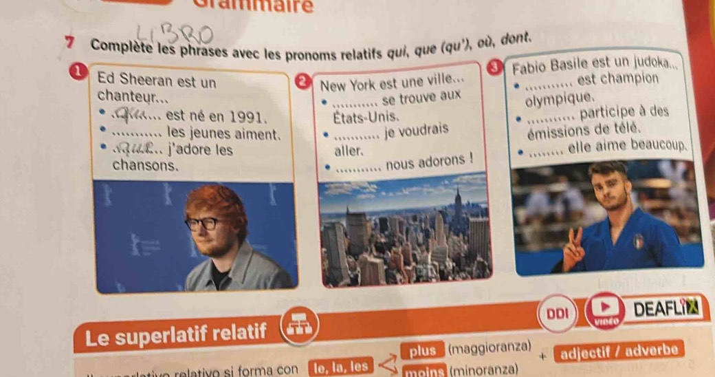 ammaire 
7 Complète les phrases avec les pronoms relatifs qui, que (qu'), où, dont. 
3 
1 Ed Sheeran est un a New York est une ville... Fabio Basile est un judoka... 
est champion 
chanteur. .` 
_se trouve aux 
olympique. 
_est né en 1991. États-Unis. 
_les jeunes aiment. _je voudrais _. participe à des 
émissions de télé. 
_E. j'adore les aller. _, elle aime beaucoup. 
chansons. 
_nous adorons ! 
DDI DEAFLI 
Le superlatif relatif 
plus (maggioranza) 
elativo si forma con le, la, les mna (minoranza) + adjectif / adverbe