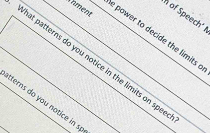 inment 
n of Speech' 
power to decide the limits a 
What patterns do you notice in the limits on spe 
tterns do you notice in s