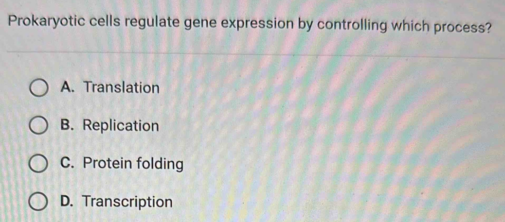 Prokaryotic cells regulate gene expression by controlling which process?
A. Translation
B. Replication
C. Protein folding
D. Transcription