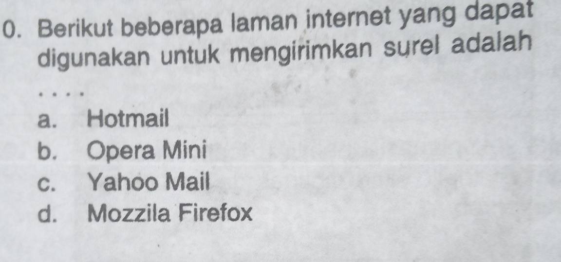 Berikut beberapa laman internet yang dapat
digunakan untuk mengirimkan surel adalah
a. Hotmail
b. Opera Mini
c. Yahoo Mail
d. Mozzila Firefox