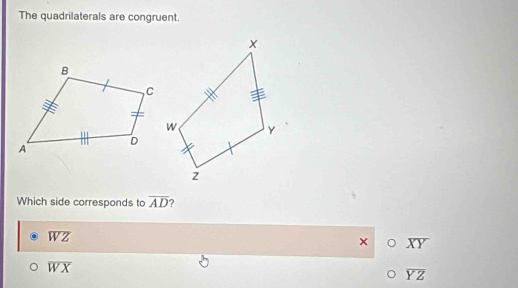 The quadrilaterals are congruent.
Which side corresponds to overline AD ?
overline WZ
× overline XY
overline WX
overline YZ