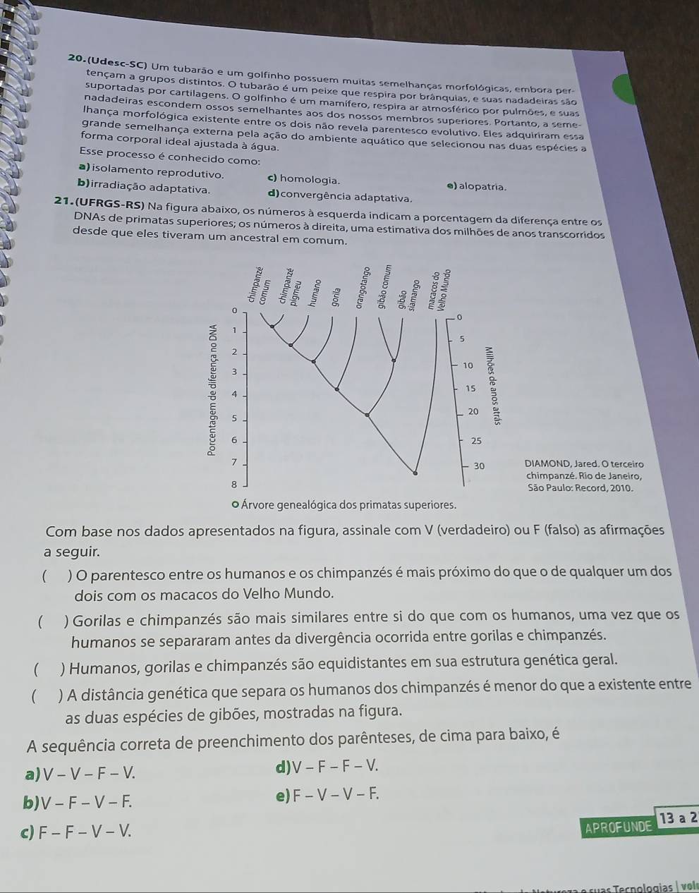 20.(Udesc-SC) Um tubarão e um golfinho possuem muitas semelhanças morfológicas, embora per-
tençam a grupos distintos. O tubarão é um peixe que respira por brânquias, e suas nadadeiras são
suportadas por cartilagens. O golfinho é um mamífero, respira ar atmosférico por pulmões, e suas
nadadeiras escondem ossos semelhantes aos dos nossos membros superiores. Portanto, a seme-
lhança morfológica existente entre os dois não revela parentesco evolutivo. Eles adquiriram essa
grande semelhança externa pela ação do ambiente aquático que selecionou nas duas espécies a
forma corporal ideal ajustada à água.
Esse processo é conhecido como:
a) isolamento reprodutivo. c) homologia. e) alopatria.
b)irradiação adaptativa. d)convergência adaptativa.
21. (UFRGS-RS) Na figura abaixo, os números à esquerda indicam a porcentagem da diferença entre os
DNAs de primatas superiores; os números à direita, uma estimativa dos milhões de anos transcorridos
desde que eles tiveram um ancestral em comum.
DIAMOND, Jared. O terceiro
chimpanzé. Rio de Janeiro,
São Paulo: Record, 2010.
o Árvore genealógica dos primatas superiores.
Com base nos dados apresentados na figura, assinale com V (verdadeiro) ou F (falso) as afirmações
a seguir.
 ) O parentesco entre os humanos e os chimpanzés é mais próximo do que o de qualquer um dos
dois com os macacos do Velho Mundo.
 ) Gorilas e chimpanzés são mais similares entre si do que com os humanos, uma vez que os
humanos se separaram antes da divergência ocorrida entre gorilas e chimpanzés.
 ) Humanos, gorilas e chimpanzés são equidistantes em sua estrutura genética geral.
 ) A distância genética que separa os humanos dos chimpanzés é menor do que a existente entre
as duas espécies de gibões, mostradas na figura.
A sequência correta de preenchimento dos parênteses, de cima para baixo, é
a) V-V-F-V.
d) V-F-F-V.
b) V-F-V-F.
e) F-V-V-F.
c) F-F-V-V.
APROFUNDE 13 a 2
suas Tecnologías ǀ vols