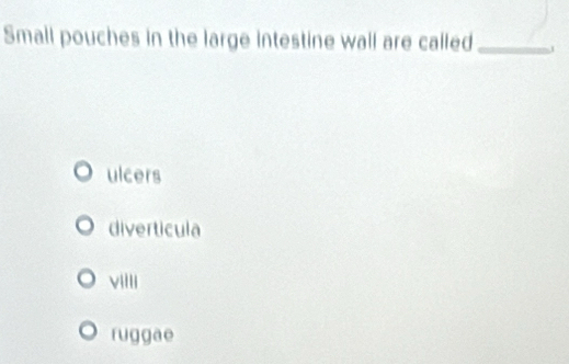 Small pouches in the large intestine wall are called_
ulcers
diverticula
viIII
ruggae