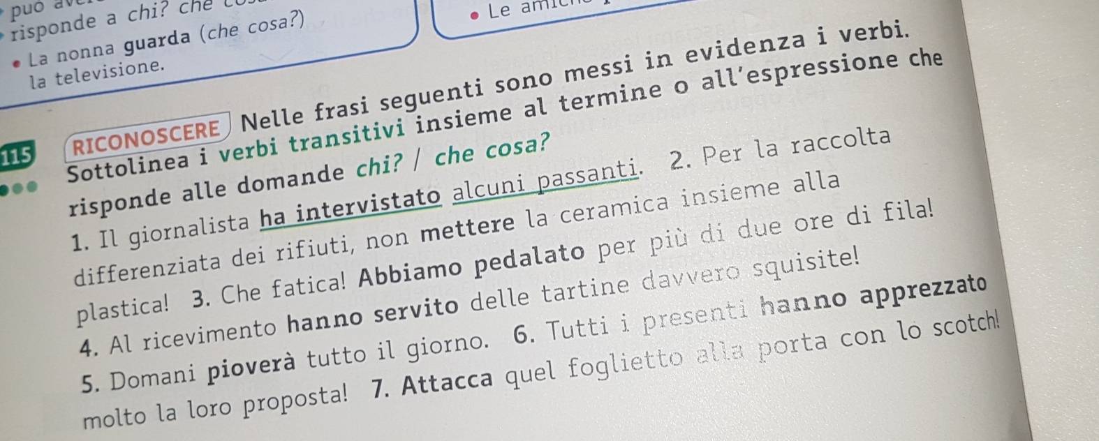 risponde a chi? che 
La nonna guarda (che cosa?) 
Le amic 
la televisione.
115 RICONOSCERE Nelle frasi seguenti sono messi in evidenza i verbi. 
Sottolinea i verbi transitivi insieme al termine o all’espressione che 
risponde alle domande chi? / che cosa? 
1. Il giornalista ha intervistato alcuni passanti. 2. Per la raccolta 
differenziata dei rifiuti, non mettere la ceramica insieme alla 
plastica! 3. Che fatica! Abbiamo pedalato per più di due ore di fila! 
4. Al ricevimento hanno servito delle tartine davvero squisite! 
5. Domani pioverà tutto il giorno. 6. Tutti i presenti hanno apprezzato 
molto la loro proposta! 7. Attacca quel foglietto alla porta con lo scotch!