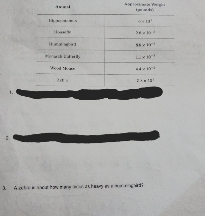 Approximate Weight
1.
2.
3. A zebra is about how many times as heavy as a hummingbird?