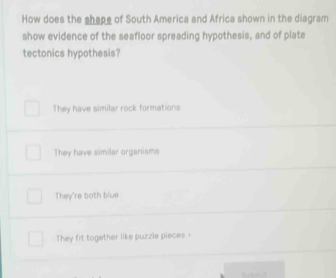 How does the shape of South America and Africa shown in the diagram
show evidence of the seafloor spreading hypothesis, and of plate
tectonics hypothesis?
They have similar rock formations
They have similar organisms
They're both blue
They fit together like puzzle pieces =
But