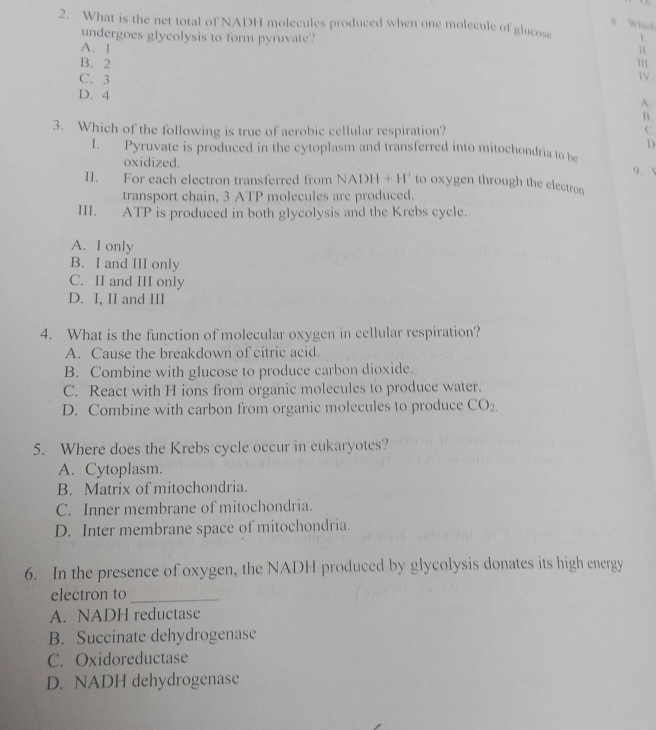 What is the net total of NADH molecules produced when one molecule of glucose
8. Which
undergoes glycolysis to form pyruvate? 1
A. 1 W
B. 2 '.
C. 3  .
D. 4
A.
B.
3. Which of the following is true of aerobic cellular respiration? C.
D
I. Pyruvate is produced in the cytoplasm and transferred into mitochondria to be
oxidized. 9. 
II. For each electron transferred from NADH + H' to oxygen through the electron
transport chain, 3 ATP molecules are produced.
III. ATP is produced in both glycolysis and the Krebs cycle.
A. I only
B. I and III only
C. II and III only
D. I, II and III
4. What is the function of molecular oxygen in cellular respiration?
A. Cause the breakdown of citric acid.
B. Combine with glucose to produce carbon dioxide.
C. React with H ions from organic molecules to produce water.
D. Combine with carbon from organic molecules to produce CO_2. 
5. Where does the Krebs cycle occur in eukaryotes?
A. Cytoplasm.
B. Matrix of mitochondria.
C. Inner membrane of mitochondria.
D. Inter membrane space of mitochondria.
6. In the presence of oxygen, the NADH produced by glycolysis donates its high energy
electron to_
A. NADH reductase
B. Succinate dehydrogenase
C. Oxidoreductase
D. NADH dehydrogenase