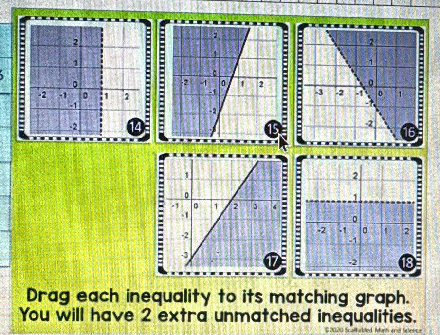 2
1
a
-2 -1 D 1 2
。 
:
-1
-
-2 14
Drag each inequality to its matching graph. 
You will have 2 extra unmatched inequalities.
12020 Scaffulded Math and Scionce