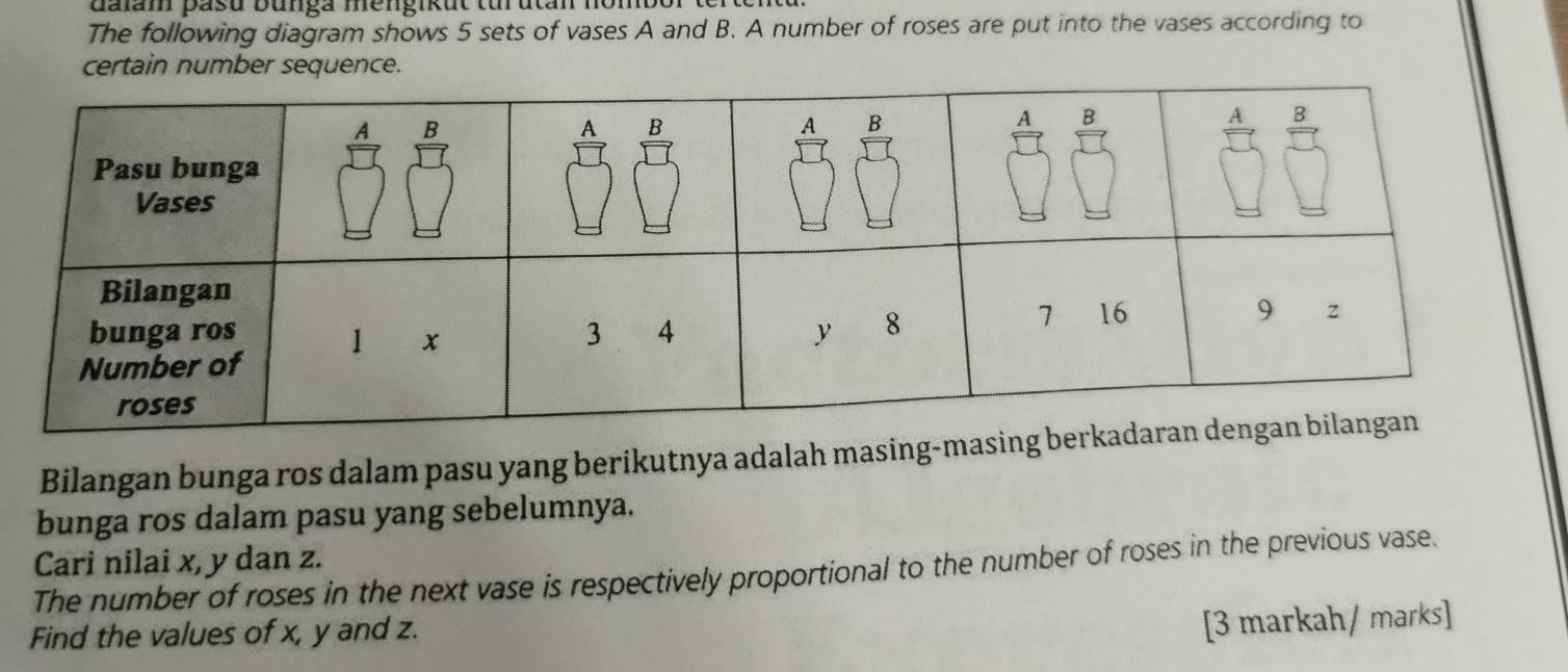 dalam pasu bunga mengikut tü utan nom
The following diagram shows 5 sets of vases A and B. A number of roses are put into the vases according to
certain number sequence.
Bilangan bunga ros dalam pasu yang berikutnya adalah masing-ma
bunga ros dalam pasu yang sebelumnya.
Cari nilai x, y dan z.
The number of roses in the next vase is respectively proportional to the number of roses in the previous vase.
Find the values of x, y and z.
[3 markah/ marks]