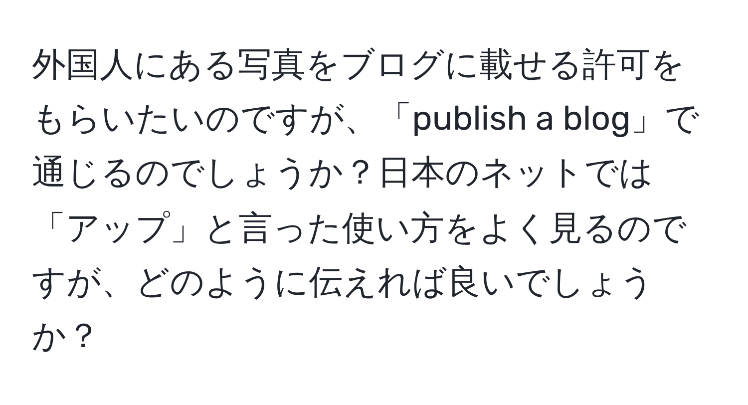 外国人にある写真をブログに載せる許可をもらいたいのですが、「publish a blog」で通じるのでしょうか？日本のネットでは「アップ」と言った使い方をよく見るのですが、どのように伝えれば良いでしょうか？