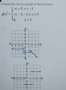 Choose the correct graph of the function.
g(x)=beginarrayl -x+3,x 3endarray.