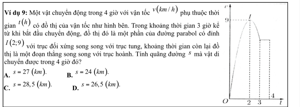 Ví dụ 9: Một vật chuyển động trong 4 giờ với vận tốc v(km/h) phụ thuộc thời
gian t(h) có đồ thị của vận tốc như hình bên. Trong khoảng thời gian 3 giờ kể
từ khi bắt đầu chuyền động, đồ thị đó là một phần của đường parabol có đỉnh
I(2;9) với trục đối xứng song song với trục tung, khoảng thời gian còn lại đồ
thị là một đoạn thắng song song với trục hoành. Tính quãng đường δ mà vật di
chuyển được trong 4 giờ đó?
A. s=27(km). s=24(km). 
B.
C. s=28,5(km). s=26,5(km). 
D.
2 3 t