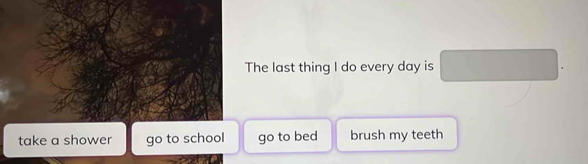 The last thing I do every day is □.
take a shower go to school go to bed brush my teeth